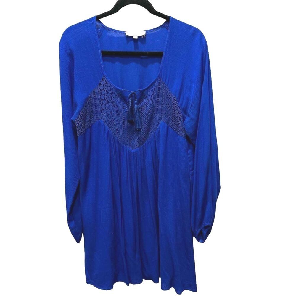 Purple Snow Royal Blue Crochet Inset Tassel Tie Tunic Top RSA1491 women’s L